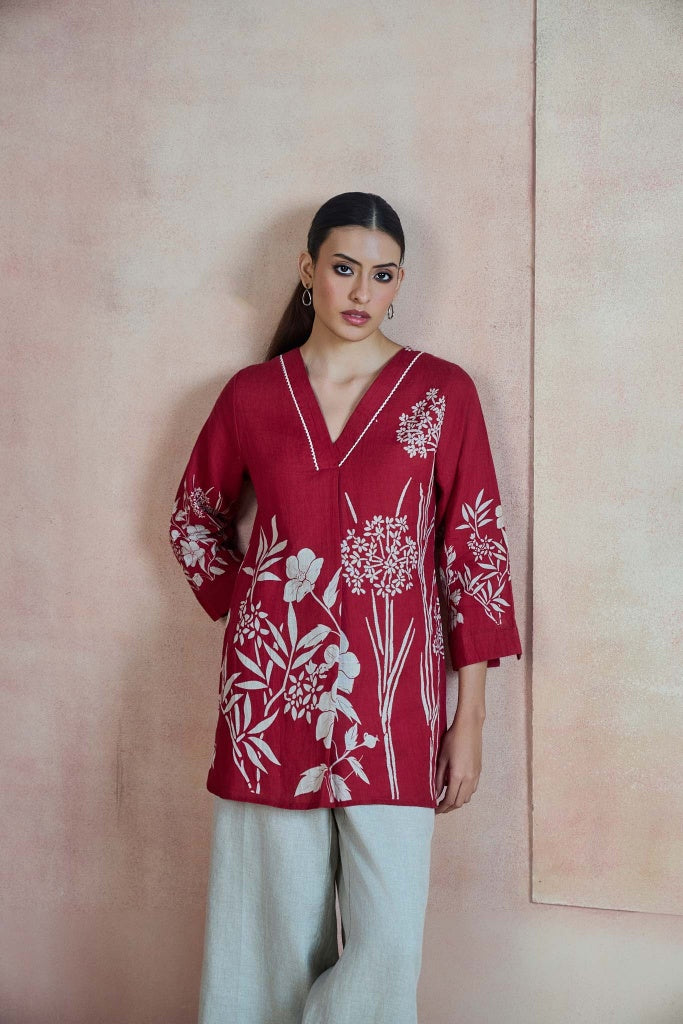 Crimson Linen Top with Botanical Print - Mokshaa