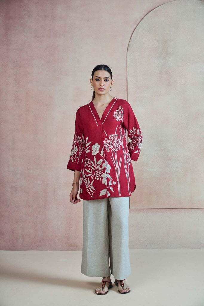 Crimson Linen Top with Botanical Print - Mokshaa