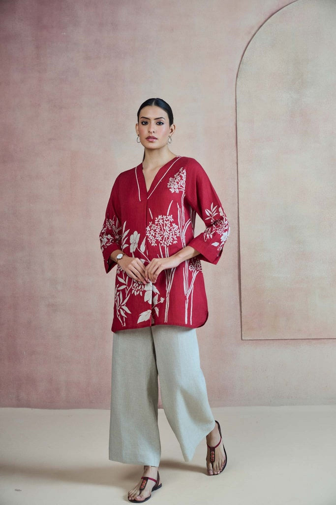 Crimson Linen Top with Botanical Print - Mokshaa