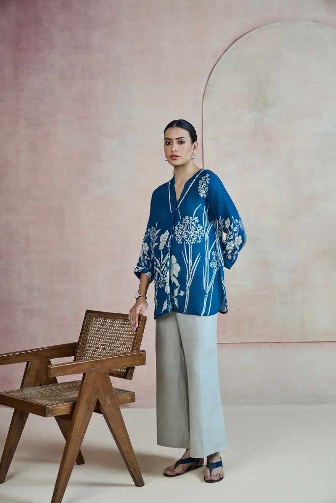 Teal Blue Linen Top with Botanical Print - Mokshaa