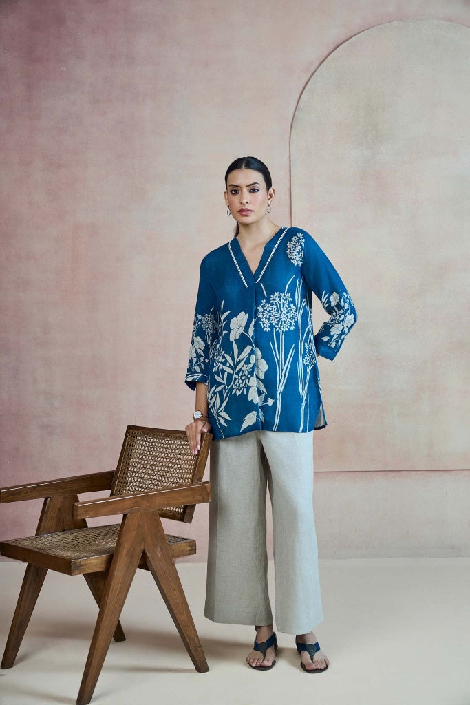 Teal Blue Linen Top with Botanical Print - Mokshaa