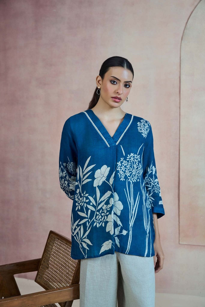 Teal Blue Linen Top with Botanical Print - Mokshaa