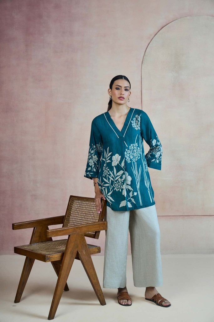 Deep Teal Linen Top with Botanical Print - Mokshaa