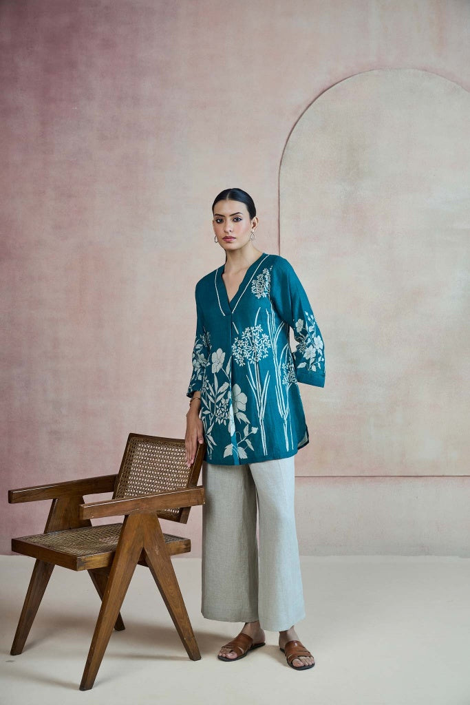 Deep Teal Linen Top with Botanical Print - Mokshaa