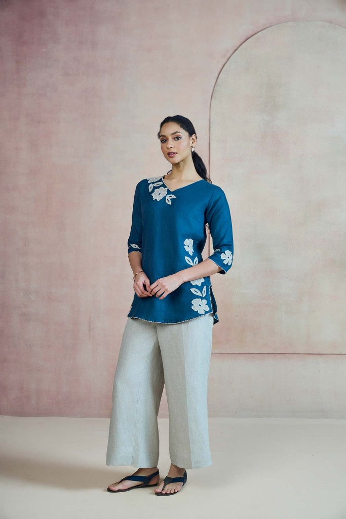Teal Blue Linen Top with Floral Appliqué - Mokshaa