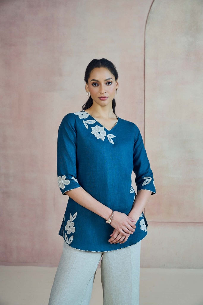 Teal Blue Linen Top with Floral Appliqué - Mokshaa