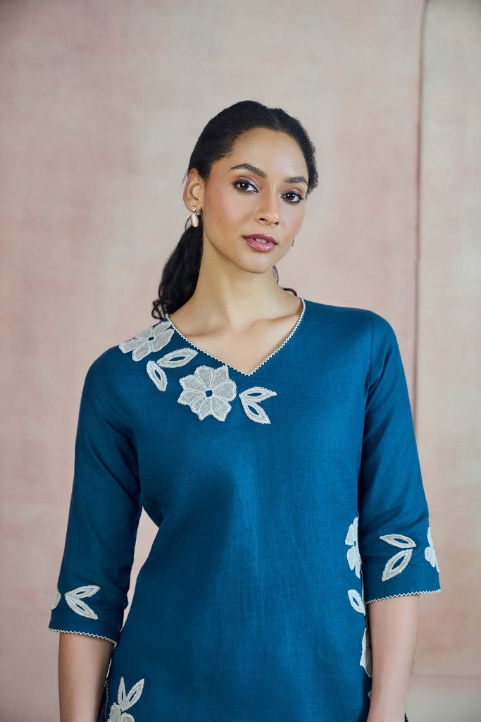 Teal Blue Linen Top with Floral Appliqué - Mokshaa