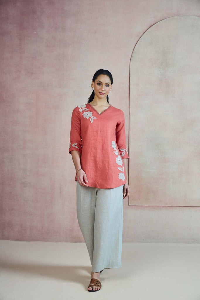 Terracotta Linen Top with Floral Appliqué - Mokshaa