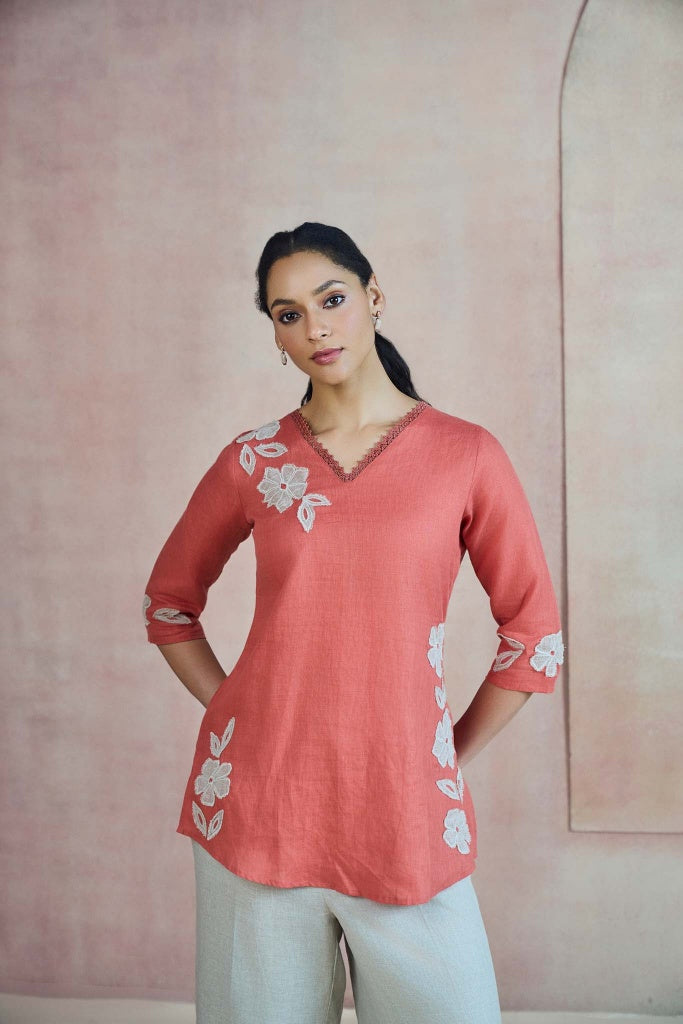 Terracotta Linen Top with Floral Appliqué - Mokshaa