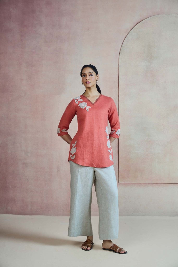Terracotta Linen Top with Floral Appliqué - Mokshaa
