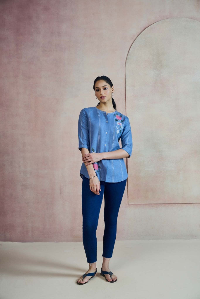 Cornflower Blue Linen Top with Floral Thread Embroidery - Mokshaa