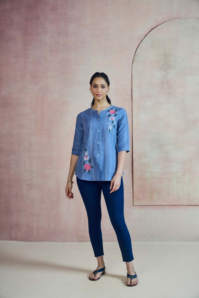 Cornflower Blue Linen Top with Floral Thread Embroidery - Mokshaa