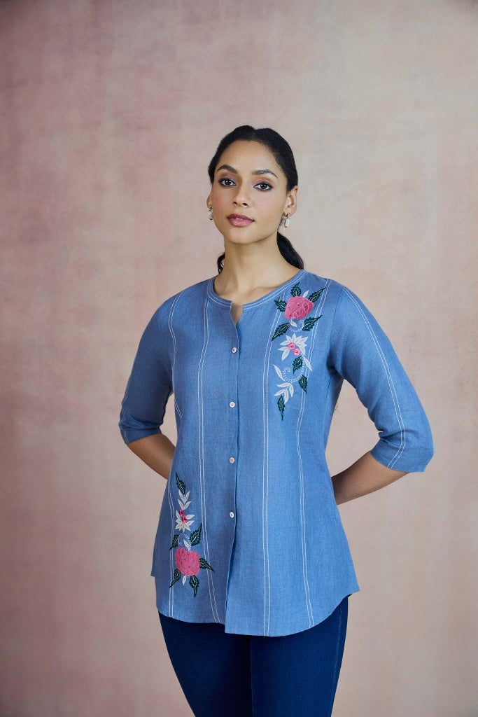 Cornflower Blue Linen Top with Floral Thread Embroidery - Mokshaa