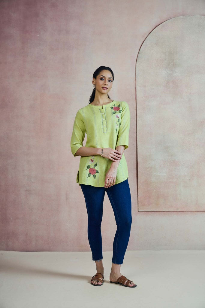 Lime Green Linen Top with Floral Thread Embroidery - Mokshaa