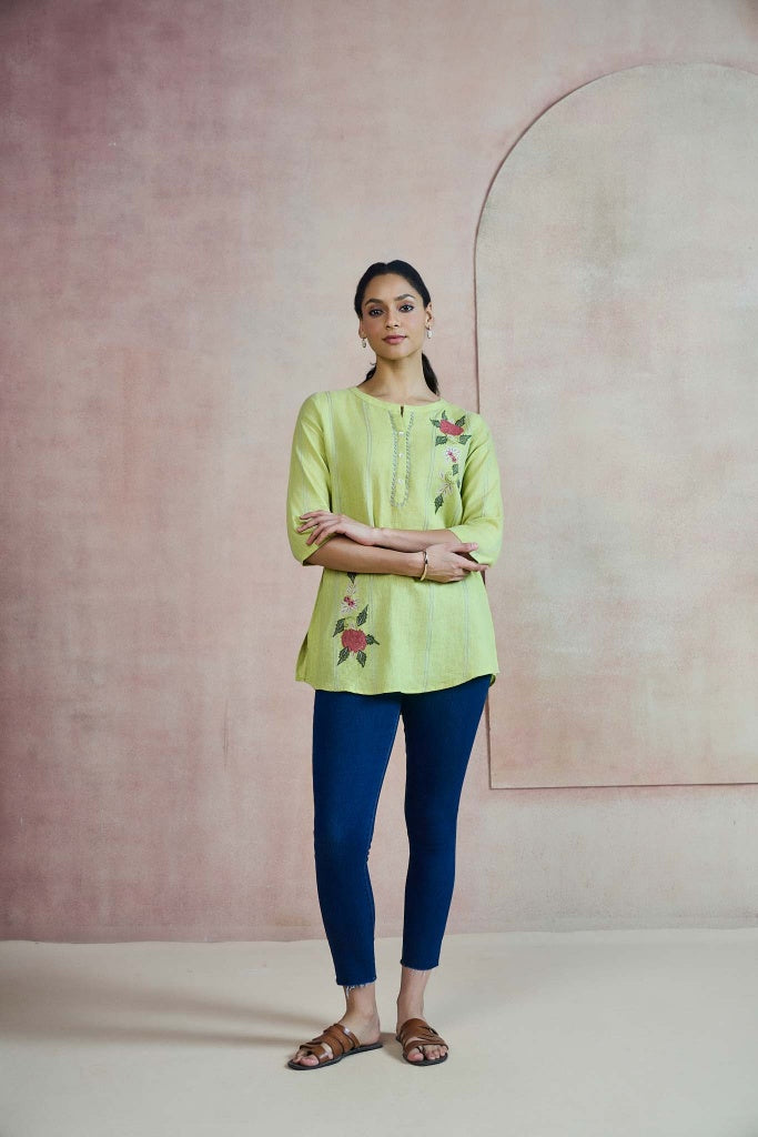 Lime Green Linen Top with Floral Thread Embroidery - Mokshaa