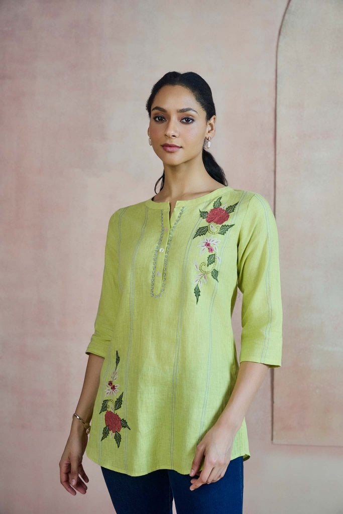 Lime Green Linen Top with Floral Thread Embroidery - Mokshaa