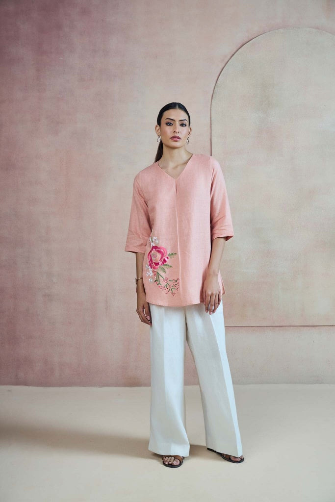 Blush Pink Linen Top with Floral Thread Embroidery - Mokshaa