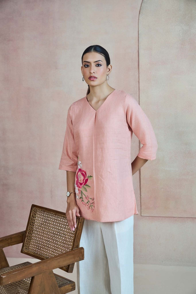 Blush Pink Linen Top with Floral Thread Embroidery - Mokshaa