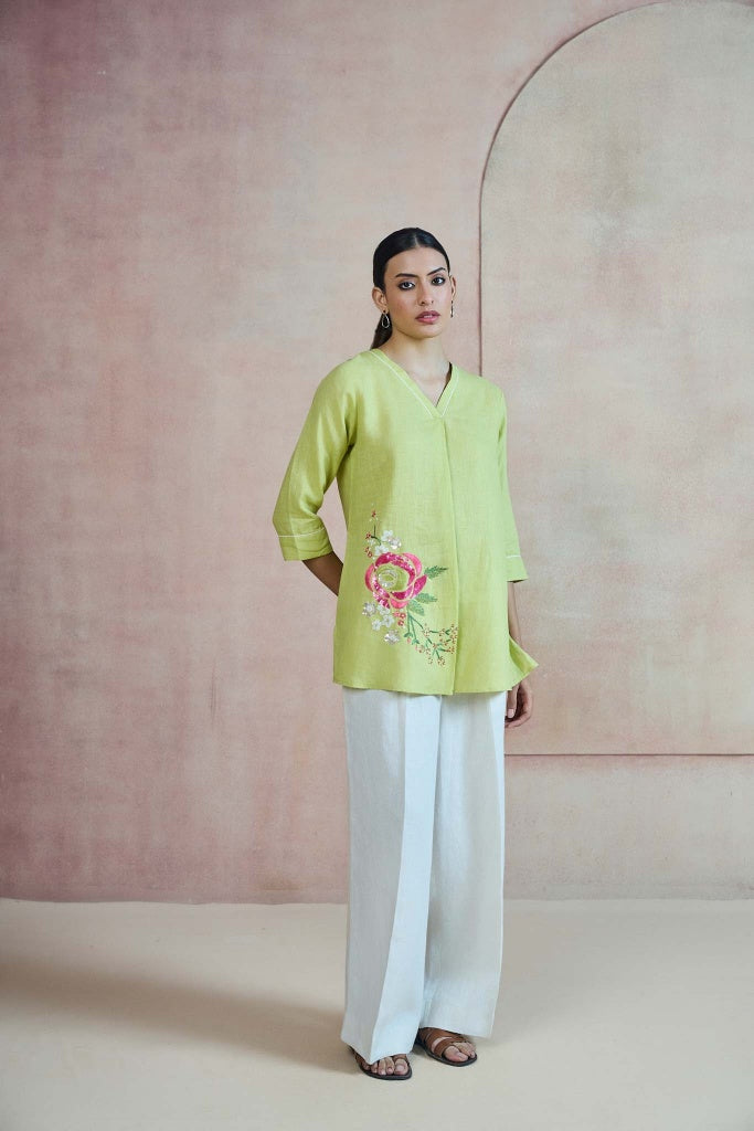 Lime Green Linen Top with Rose Thread Embroidery - Mokshaa
