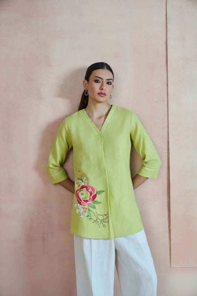 Lime Green Linen Top with Rose Thread Embroidery - Mokshaa
