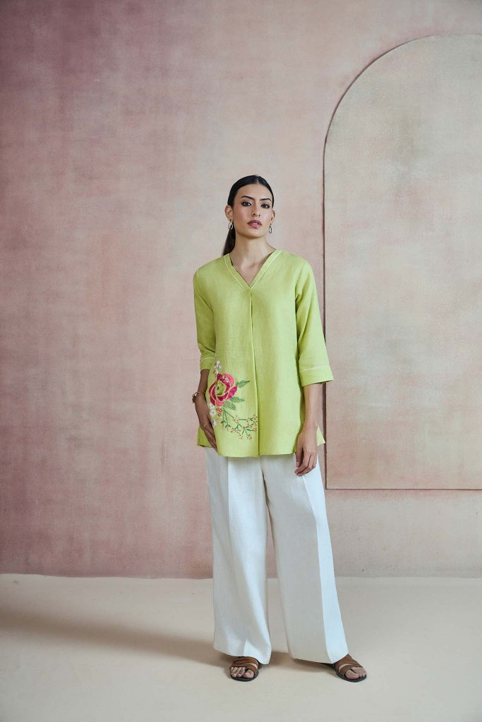 Lime Green Linen Top with Rose Thread Embroidery - Mokshaa