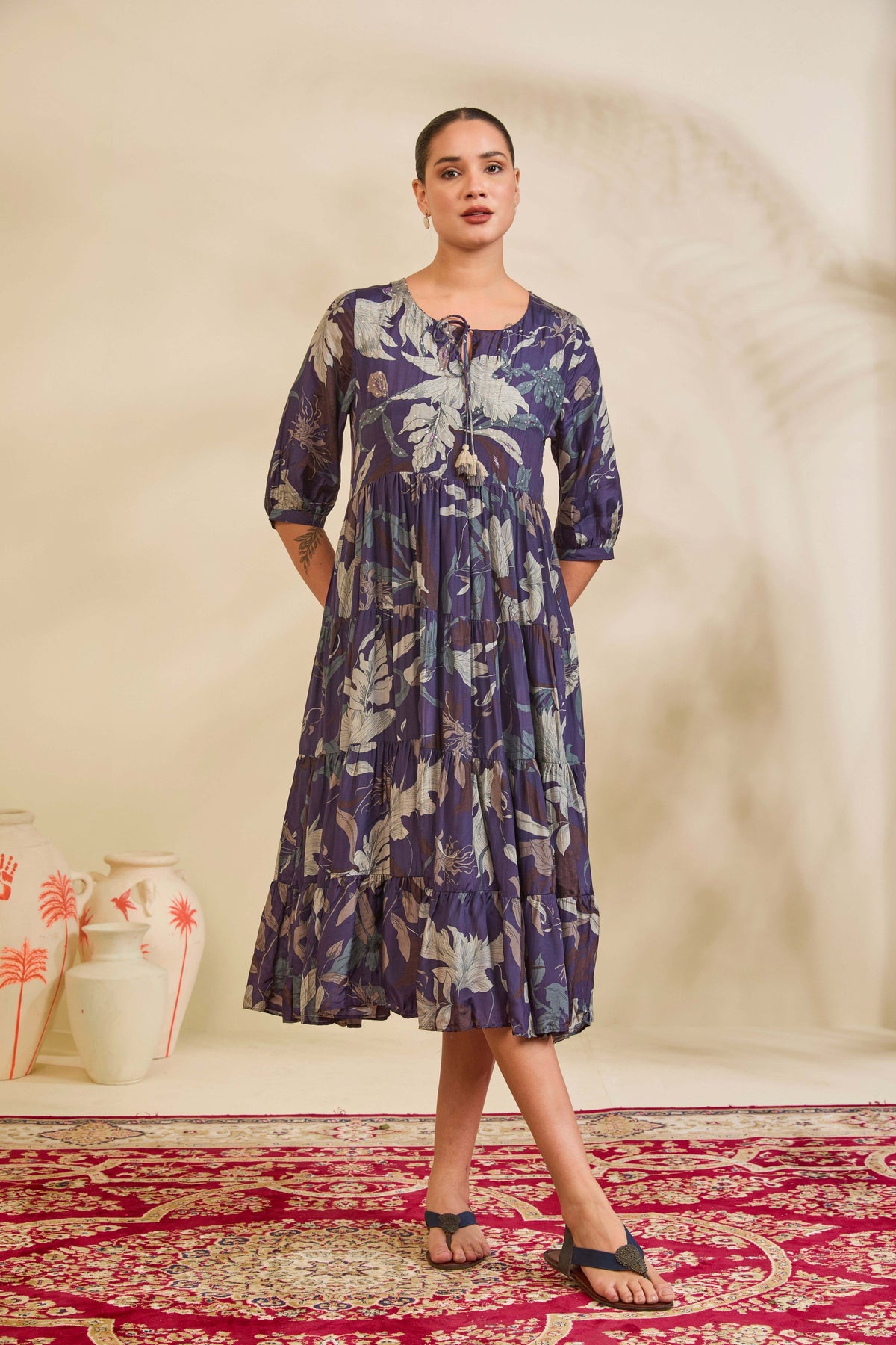 Deep Indigo Printed Muslin Tiered Dress with Tassel Tie-Up Neckline - Mokshaa