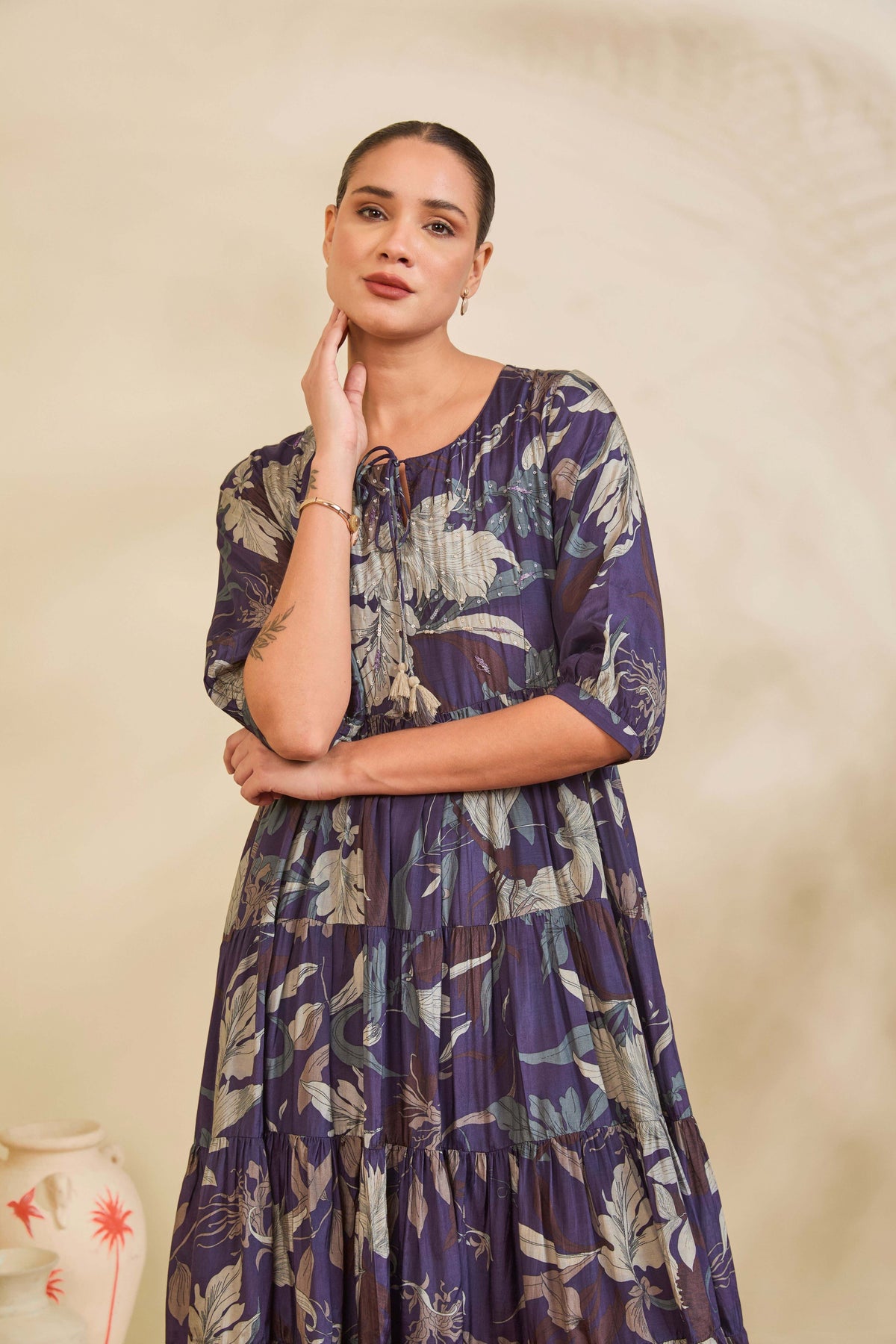 Deep Indigo Printed Muslin Tiered Dress with Tassel Tie-Up Neckline - Mokshaa