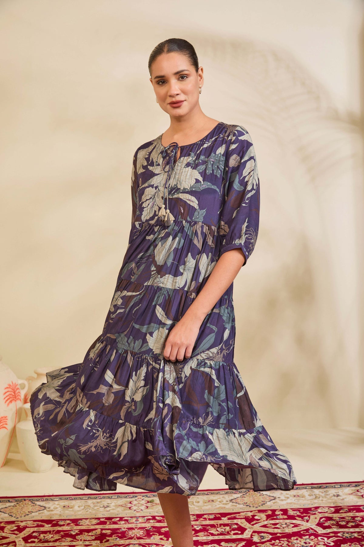 Deep Indigo Printed Muslin Tiered Dress with Tassel Tie-Up Neckline - Mokshaa
