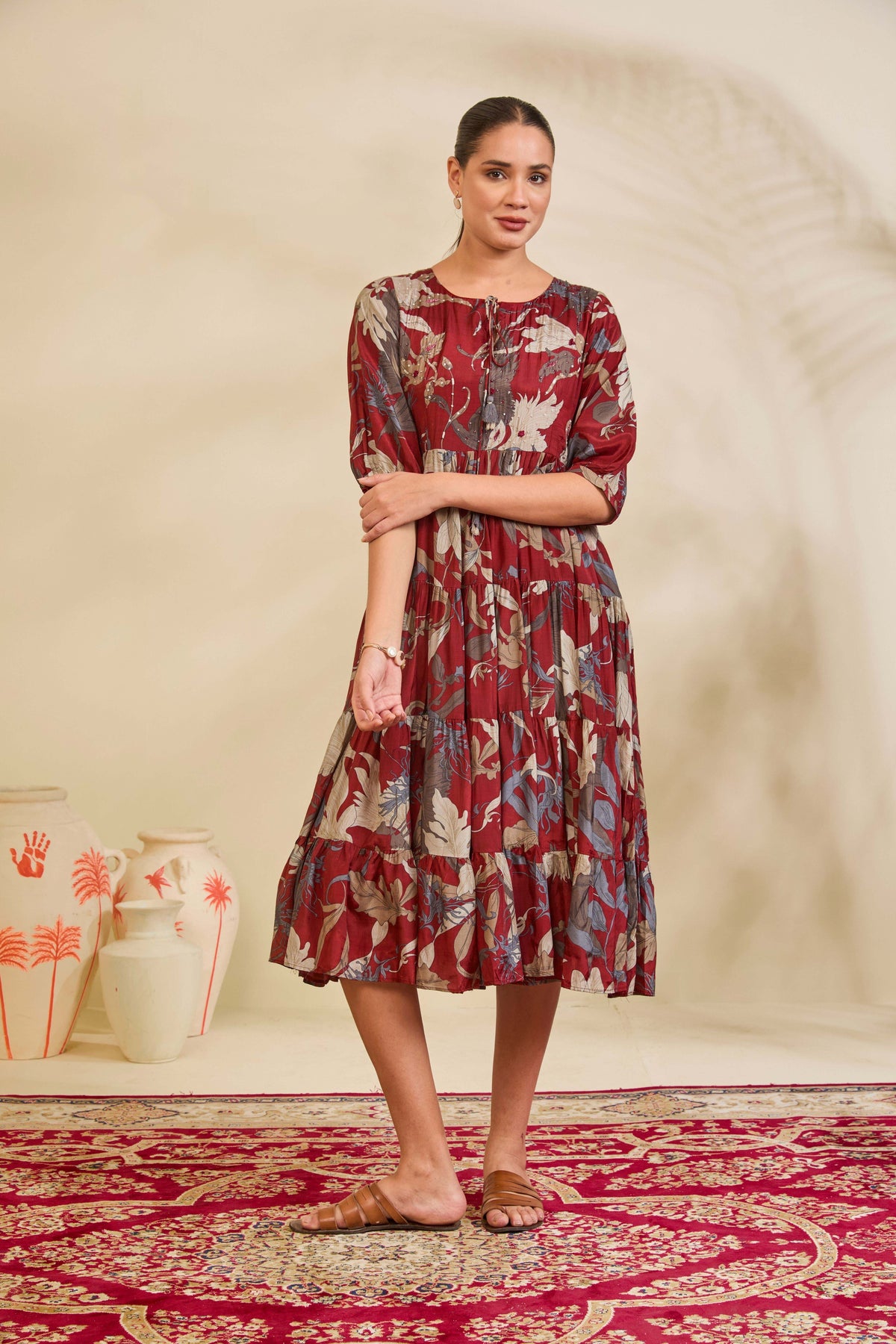 Maroon Printed Muslin Tiered Dress with Tassel Tie-Up Neckline - Mokshaa