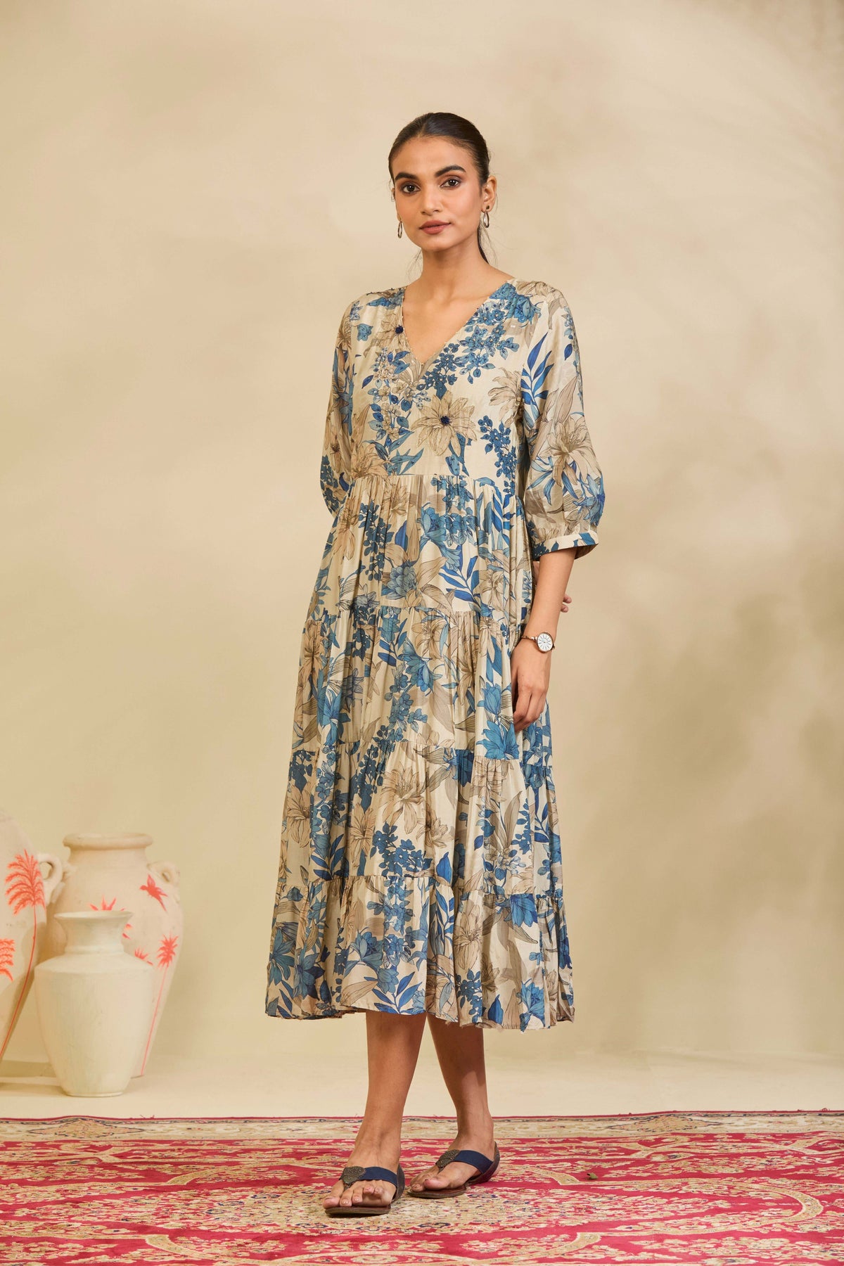 Ivory Blue Printed Muslin Tiered Dress with V-Neckline and Hand Embroidered Yoke - Mokshaa