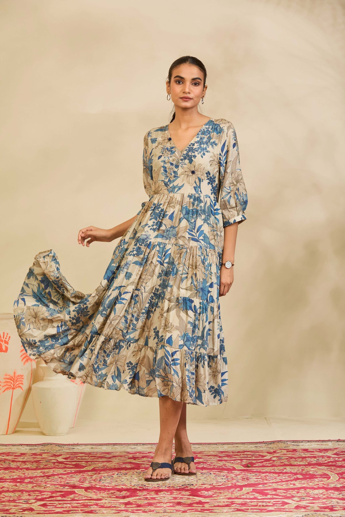Ivory Blue Printed Muslin Tiered Dress with V-Neckline and Hand Embroidered Yoke - Mokshaa