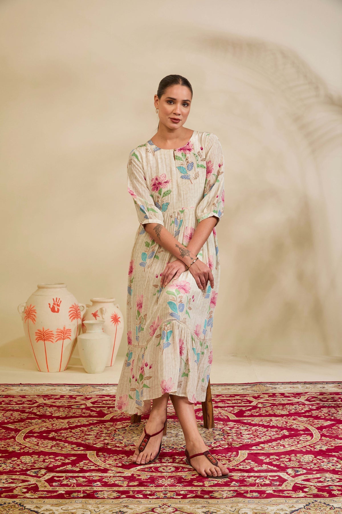 Ivory Floral Printed Muslin Tiered Dress with Keyhole Neckline and Lace Panel - Mokshaa
