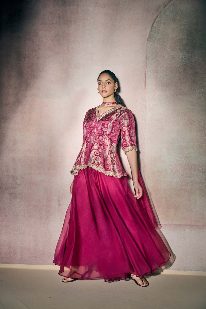 Magenta Banarasi Tissue Peplum Top with Organza Palazzo Set - Mokshaa