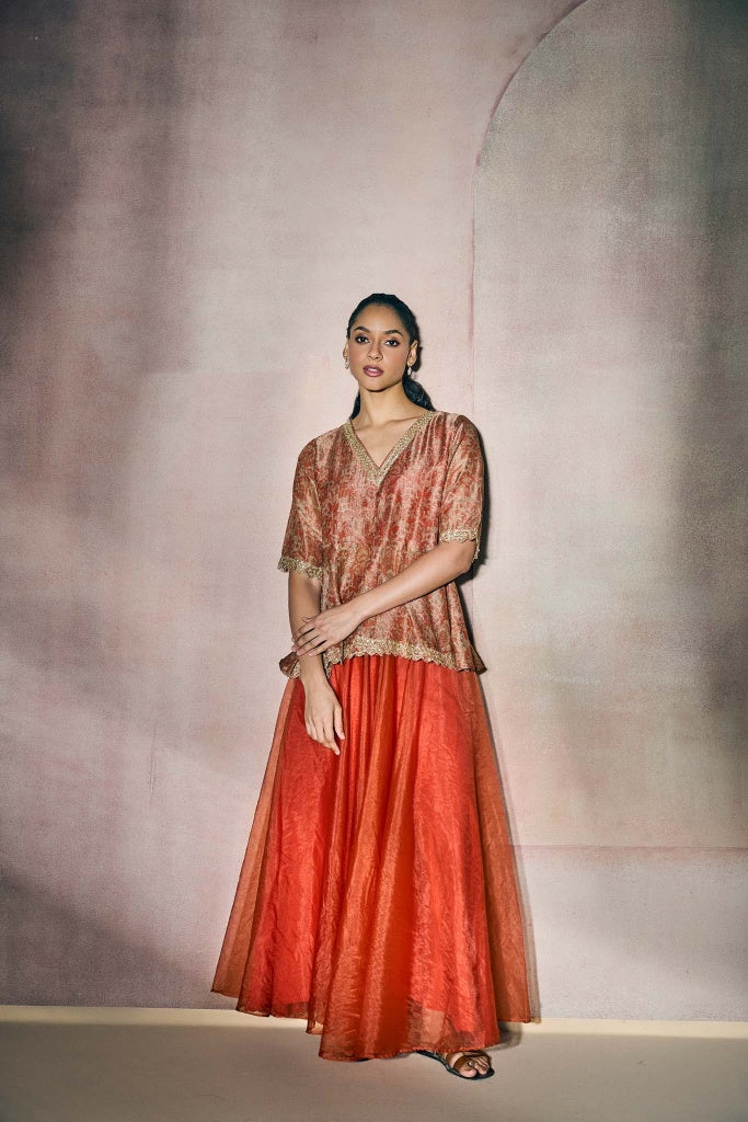 Rust Orange Banarasi Tissue Peplum Top with Organza Palazzo Set - Mokshaa