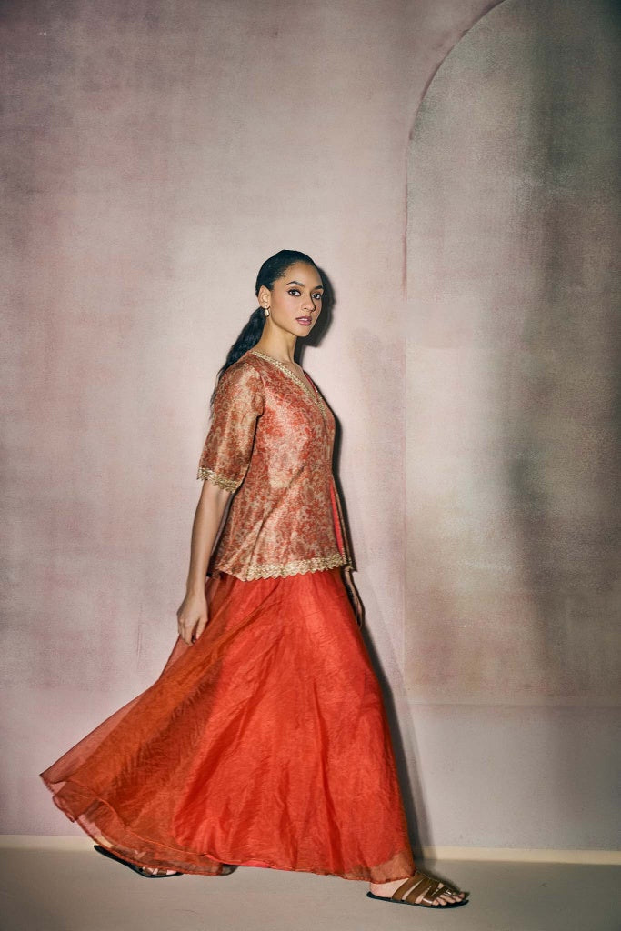 Rust Orange Banarasi Tissue Peplum Top with Organza Palazzo Set - Mokshaa