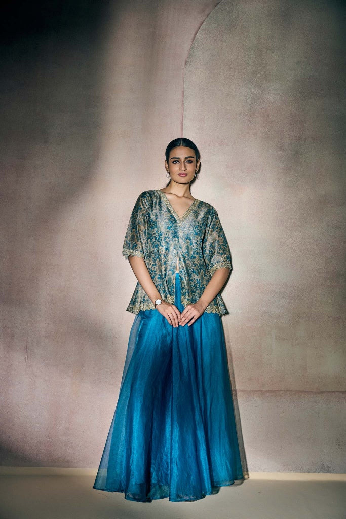 Teal Blue Banarasi Tissue Peplum Top with Organza Palazzo Set - Mokshaa