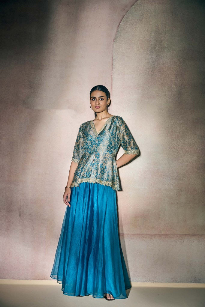 Teal Blue Banarasi Tissue Peplum Top with Organza Palazzo Set - Mokshaa