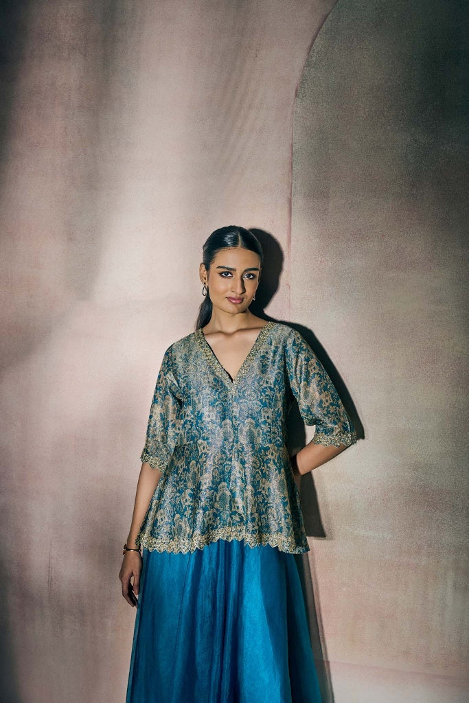 Teal Blue Banarasi Tissue Peplum Top with Organza Palazzo Set - Mokshaa