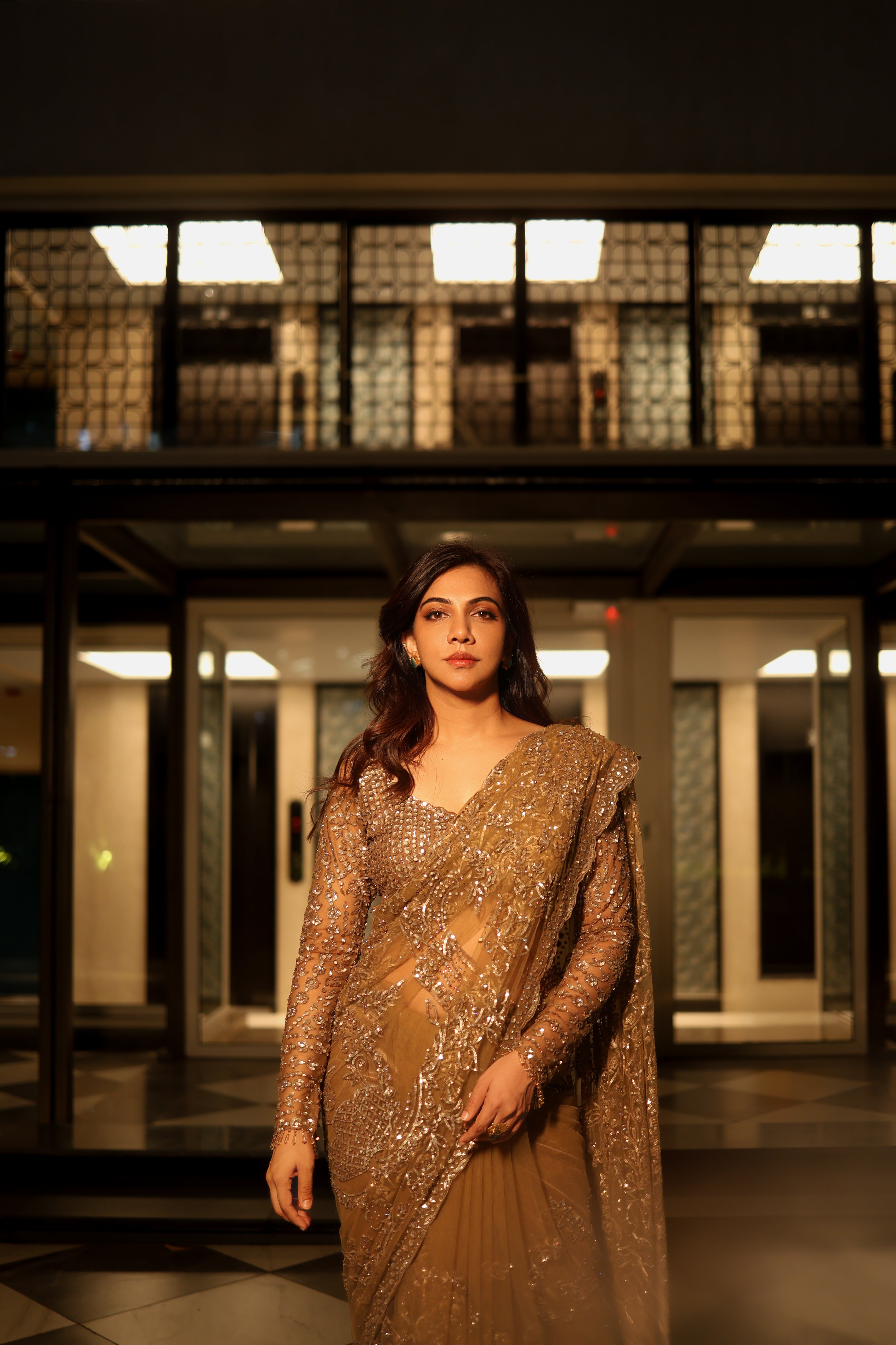 Champagne Gold Net Sequins Saree