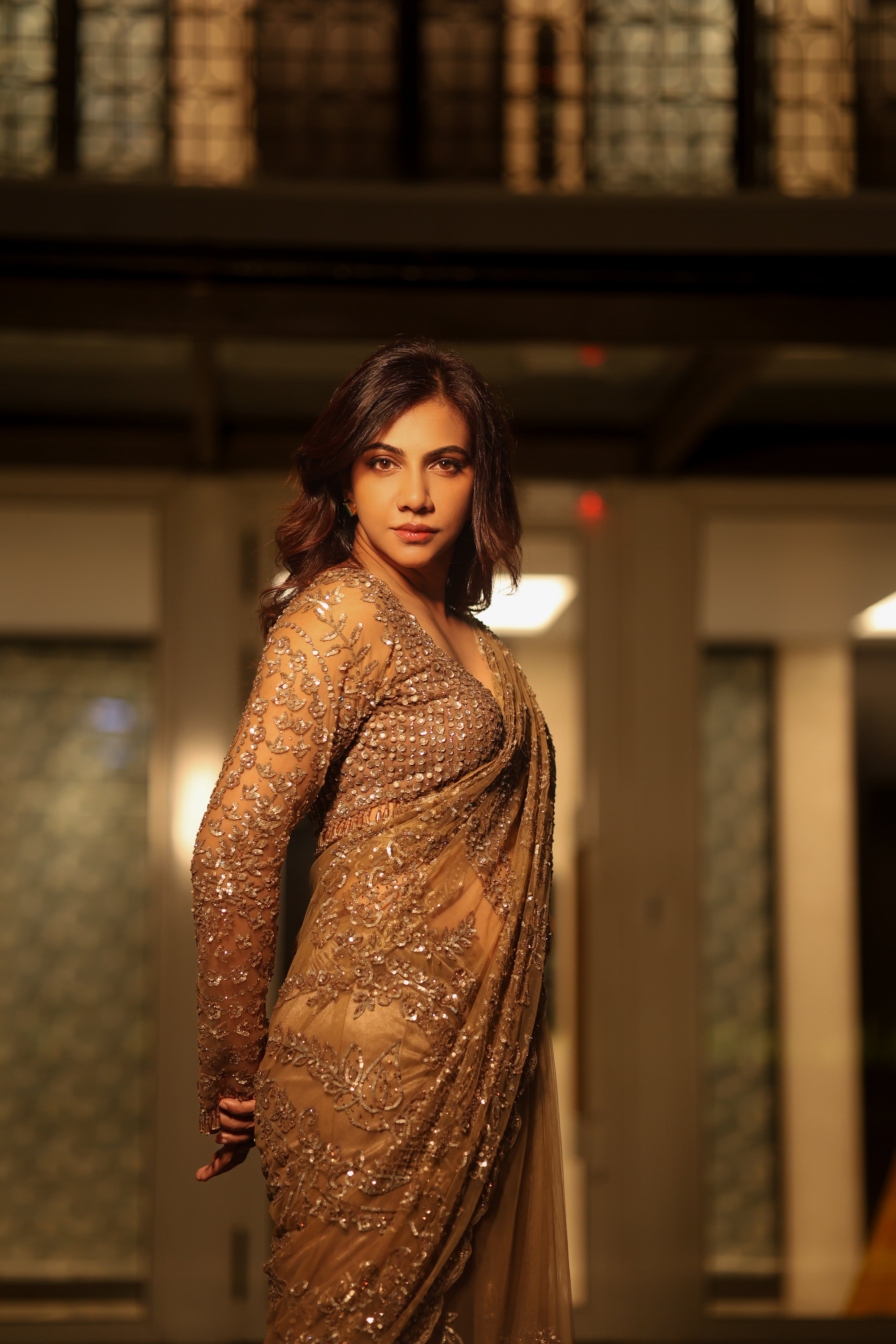 Champagne Gold Net Sequins Saree