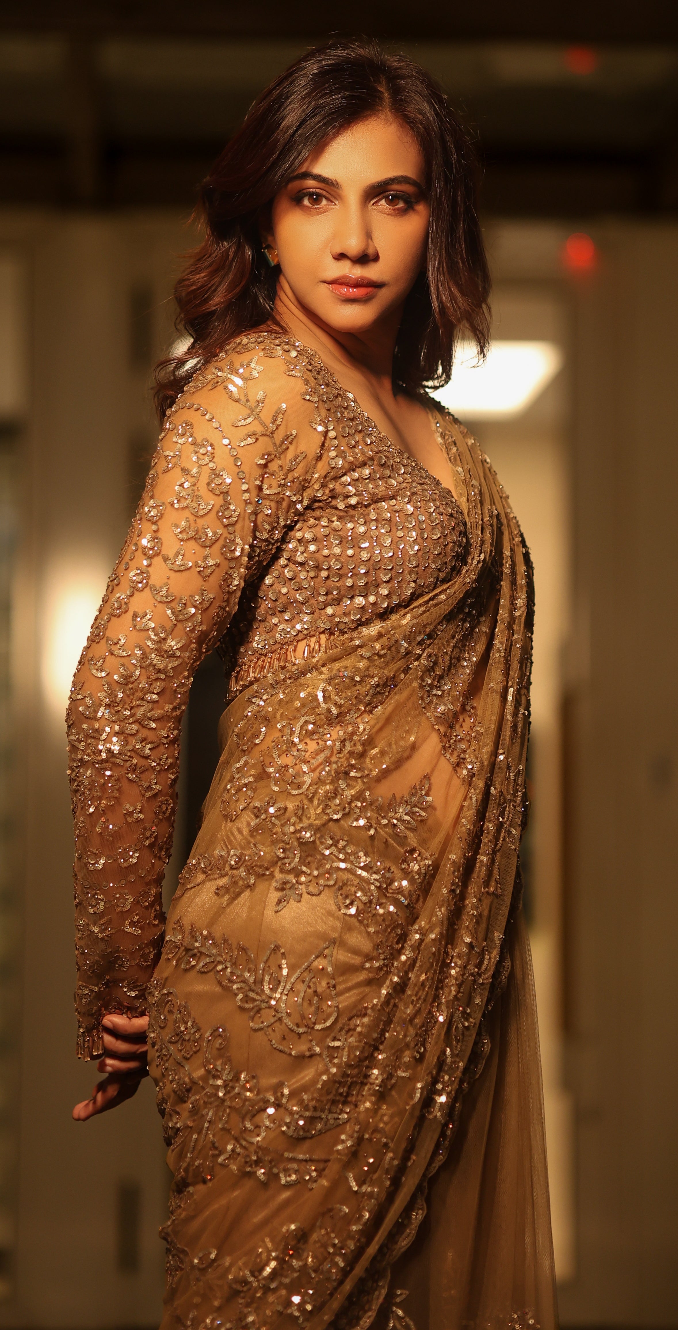 Champagne Gold Net Sequins Saree