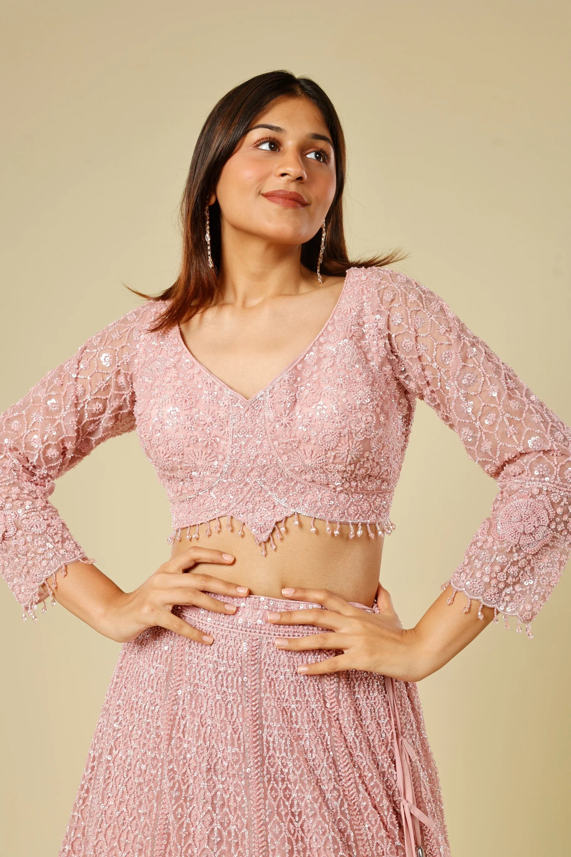Blush Pink Net Lehenga Set with Pearl, Sequin & Cutdana Embroidery - Mokshaa