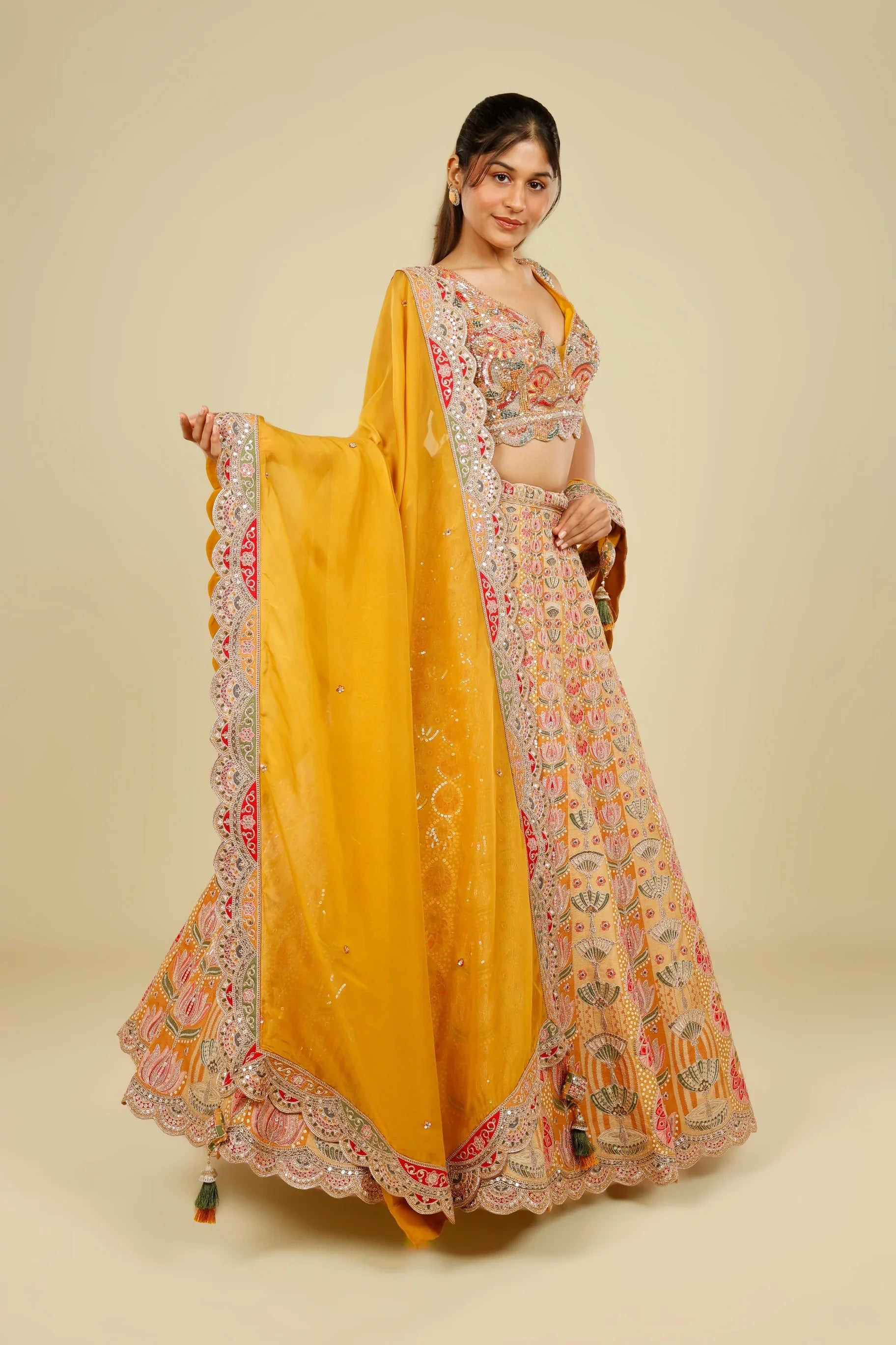 Yellow Printed Silk Lehenga Set with Zari & Sequin Embroidery - Mokshaa