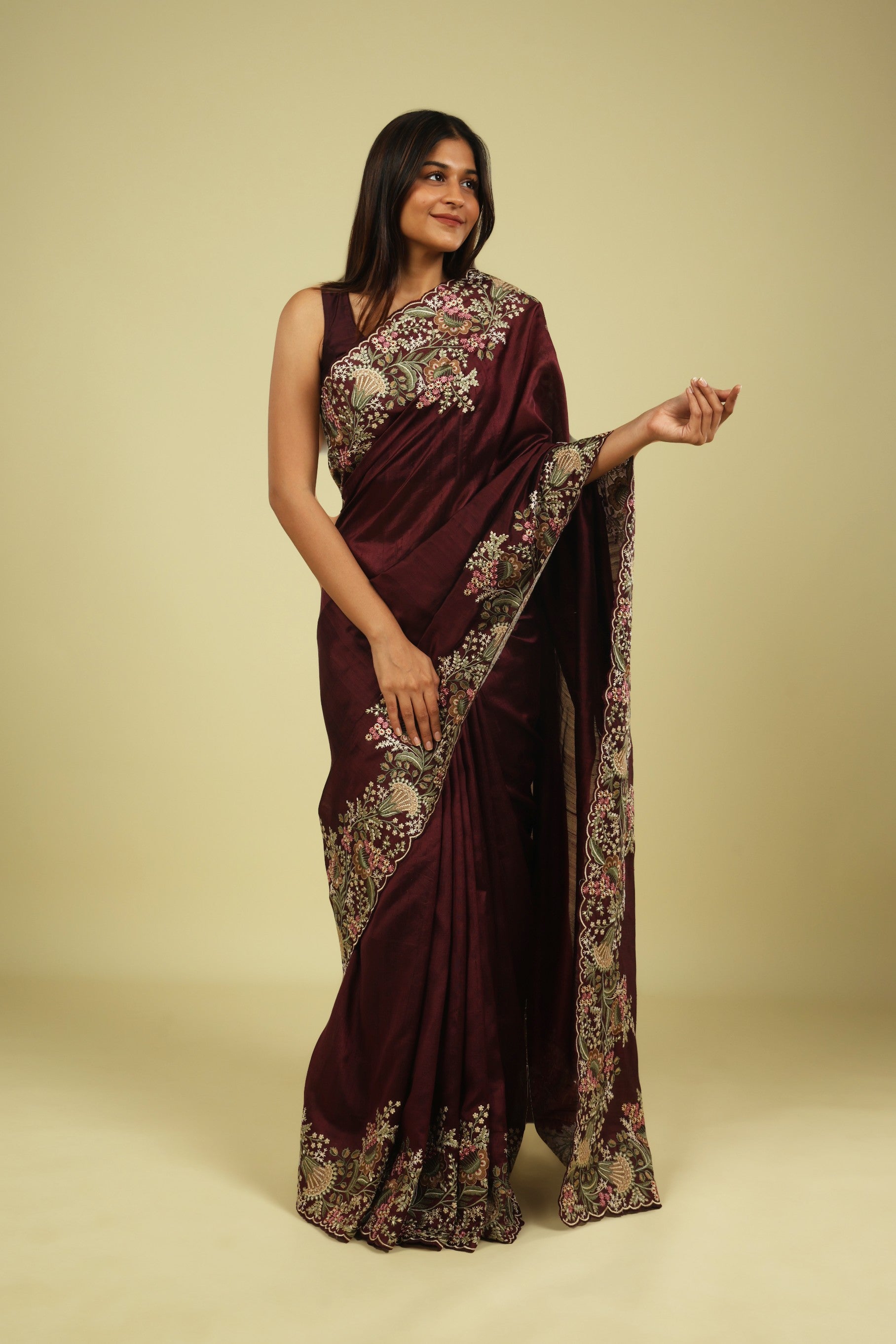 Dark Wine Handloom Tussar Saree with Multi-Thread Embroidered Border - Mokshaa