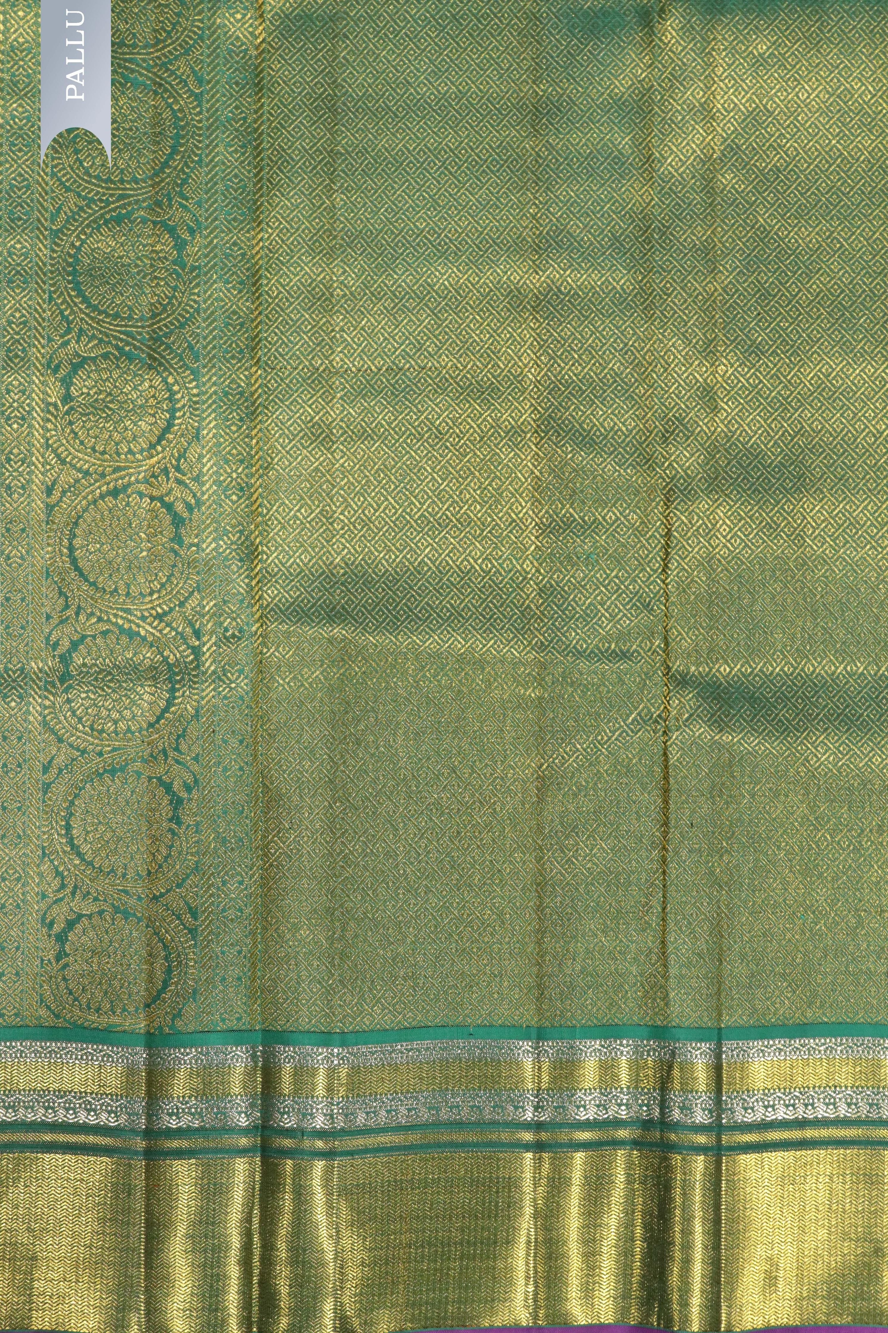 Teal Blue Kanchipuram Silk Saree with Silver Zari Stripes and Zari Border - Mokshaa