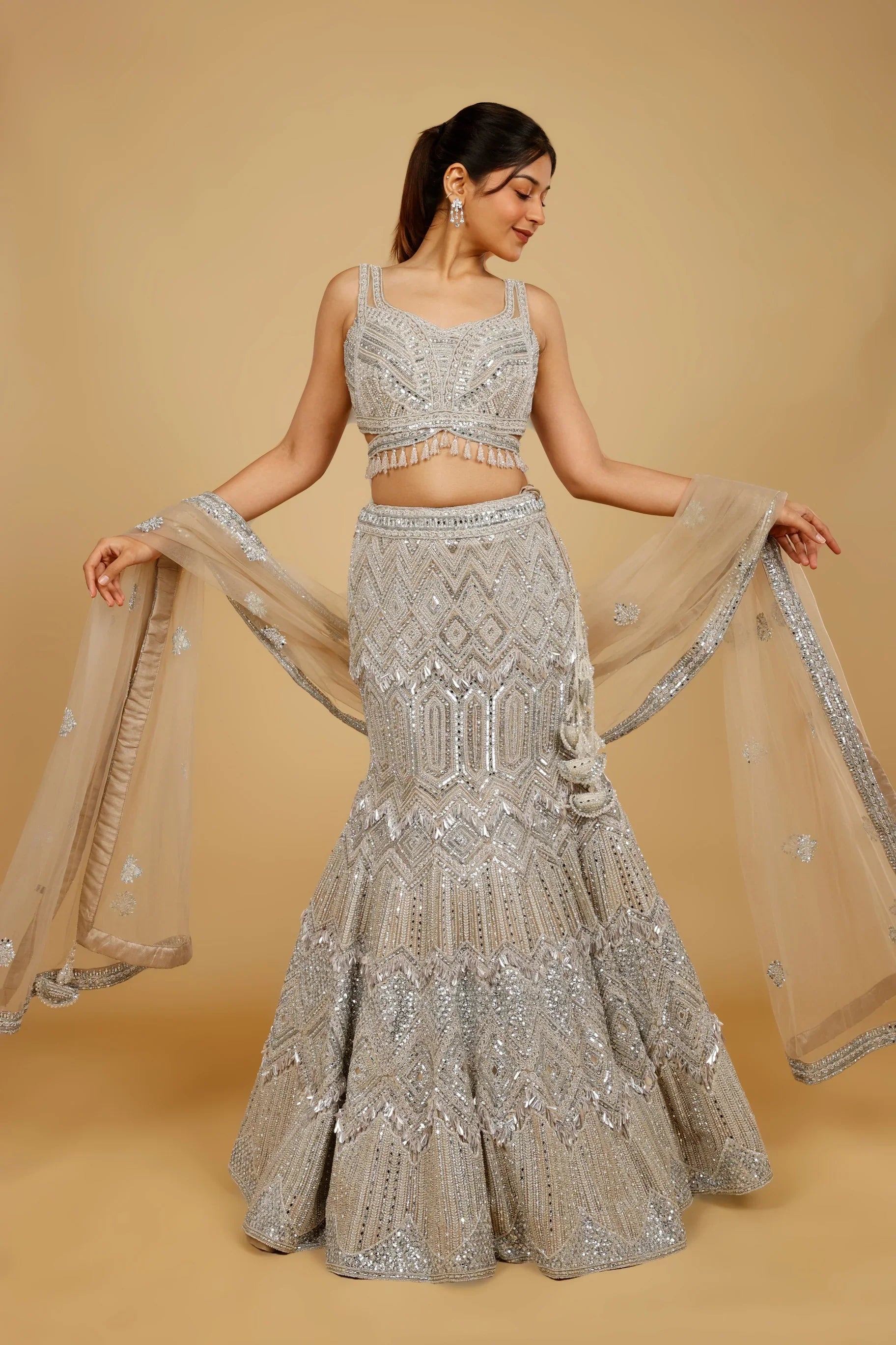 Champagne Net Mermaid Lehenga Set with Mirror, Pearl & Sequin Embroidery - Mokshaa