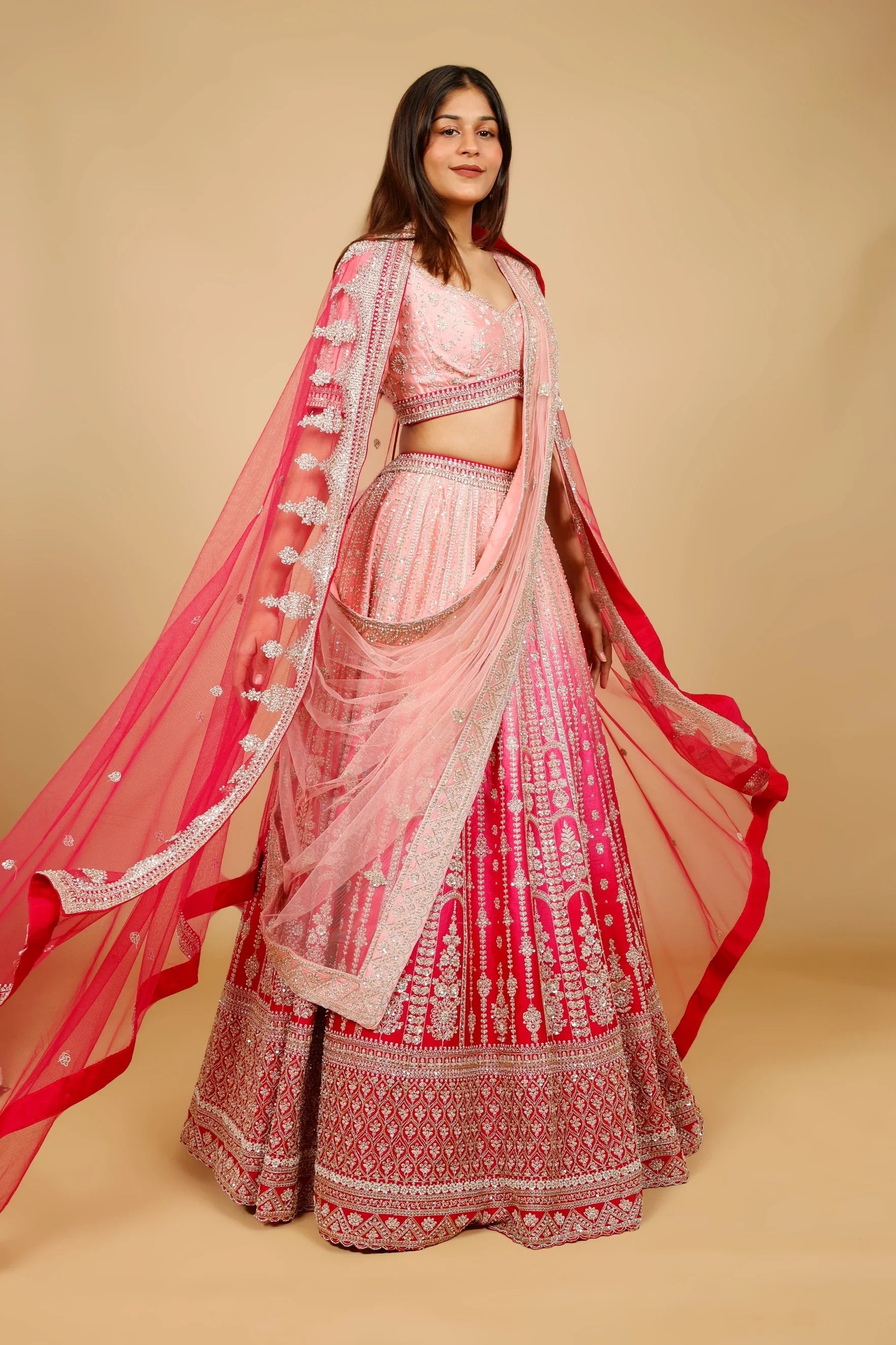 Pink Ombre Raw Silk Bridal Lehenga Set with Zari, Sequin & Zardozi Embroidery - Mokshaa