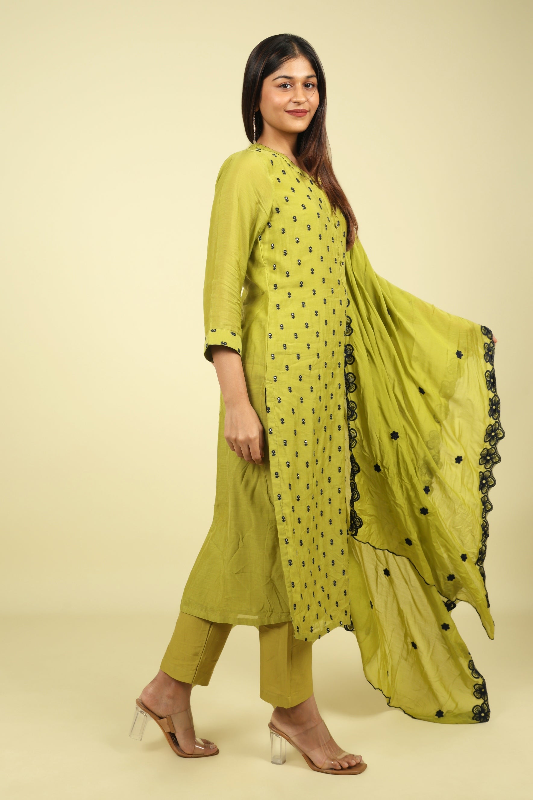 Olive Green Mul Chanderi Straight Cut Salwar Set with Navy Thread Embroidery - Mokshaa
