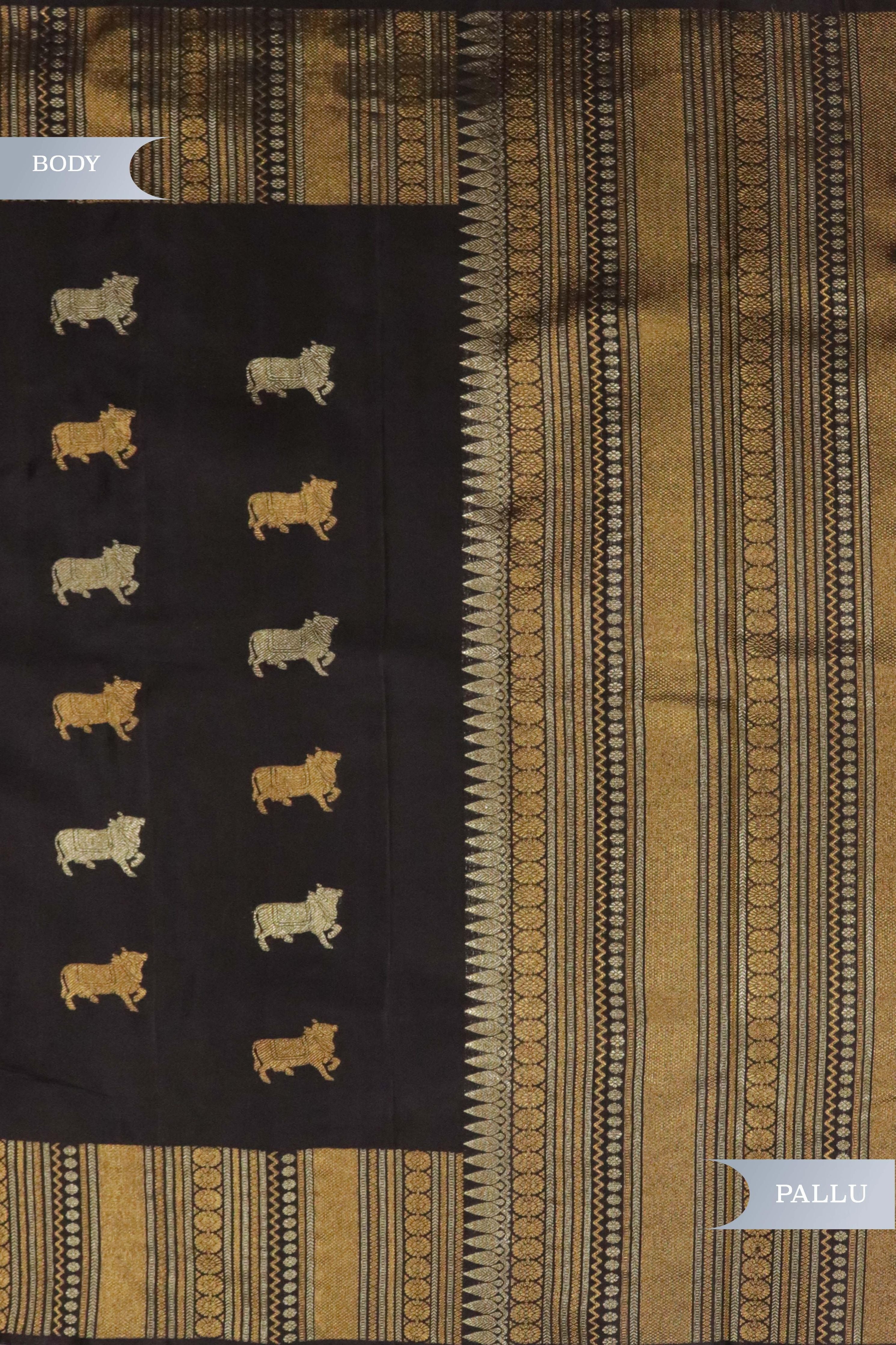 Brownish Purple Kanchipuram Silk Saree with Gold & Silver Cow Motifs and Fancy Border - Mokshaa