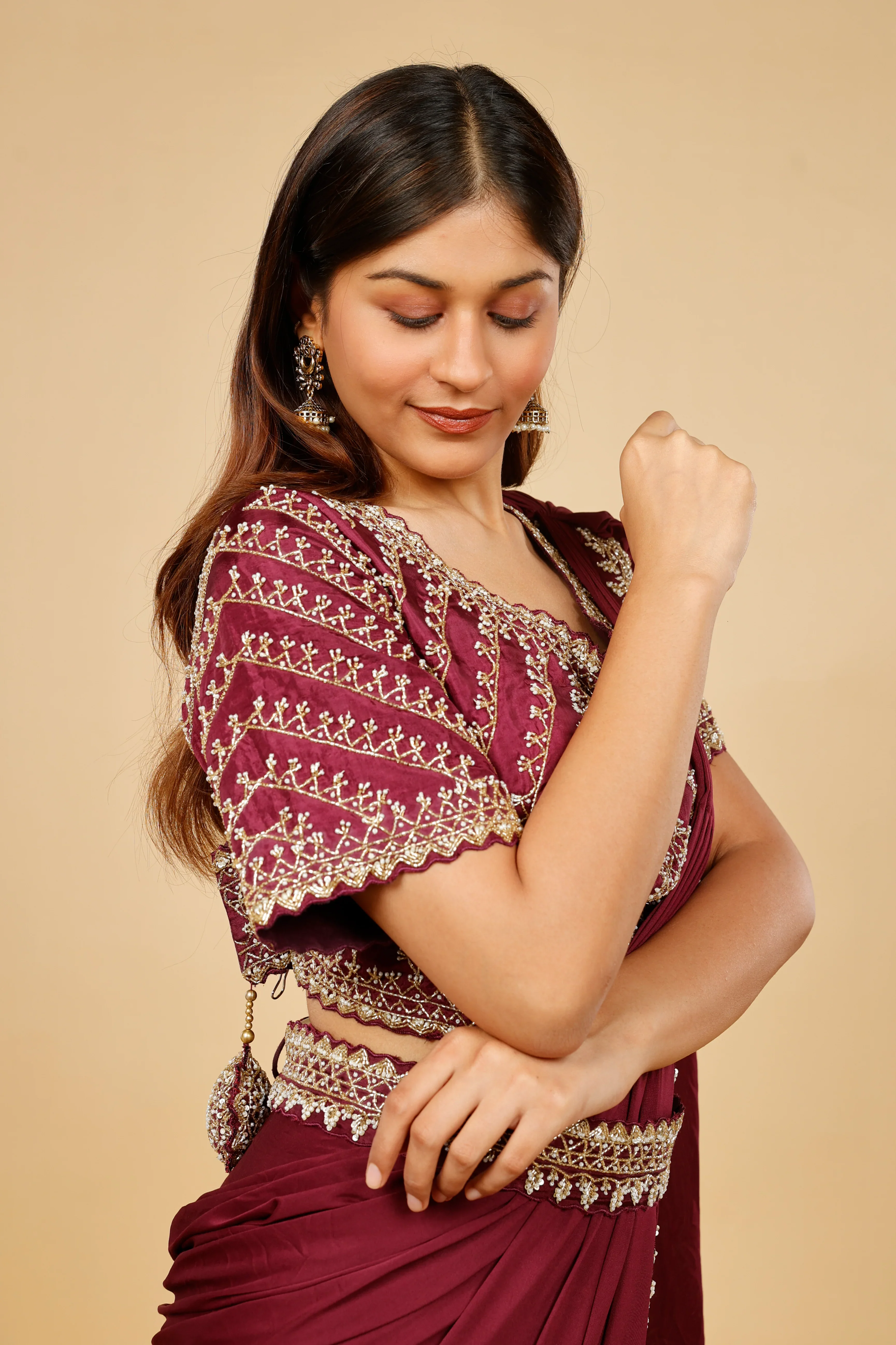 Maroon Satin Lycra Drape Saree with Pearl & Cutdana Embroidery - Mokshaa